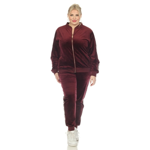 White Mark Women's 2-Piece Velour Long Sleeve Tracksuit Set with Faux Leather Stripe