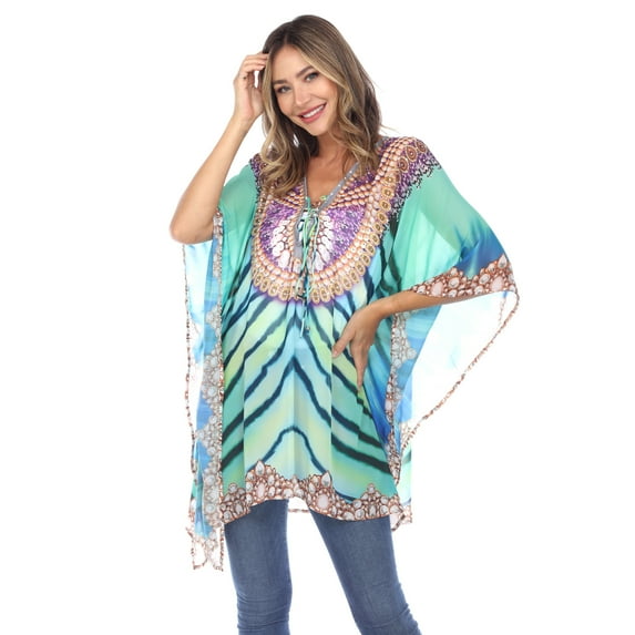 White Mark Women's 3/4 Sleeve Sheer Caftan Cover-up