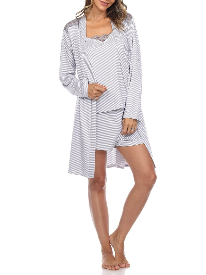 White Mark Women's Piece Striped Pajama Robe Set