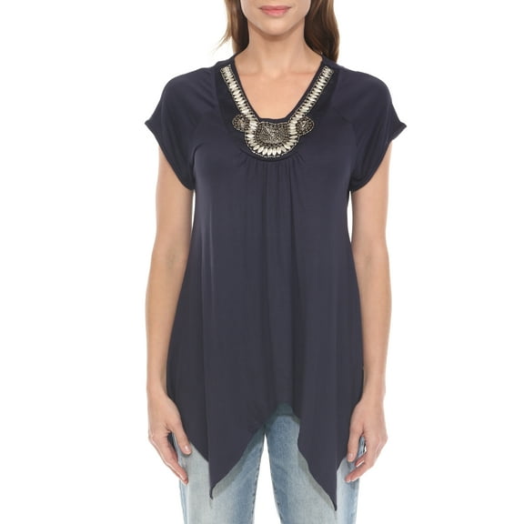 White Mark Women's Beaded Angled Hem Knit Top, Sizes S-XL