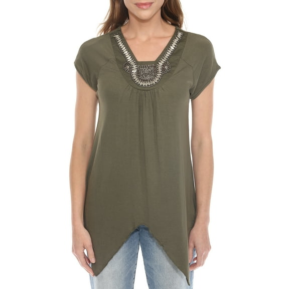 White Mark Women's Beaded Angled Hem Knit Top, Sizes S-XL