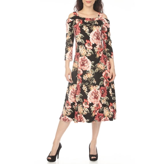 White Mark Women's Cold Shoulder 3/4 Sleeve Dress
