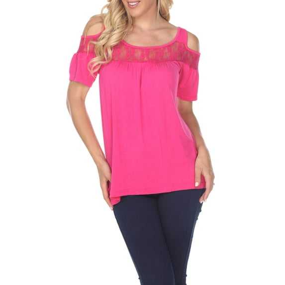 White Mark Women's Cold Shoulder Lace Neck Top