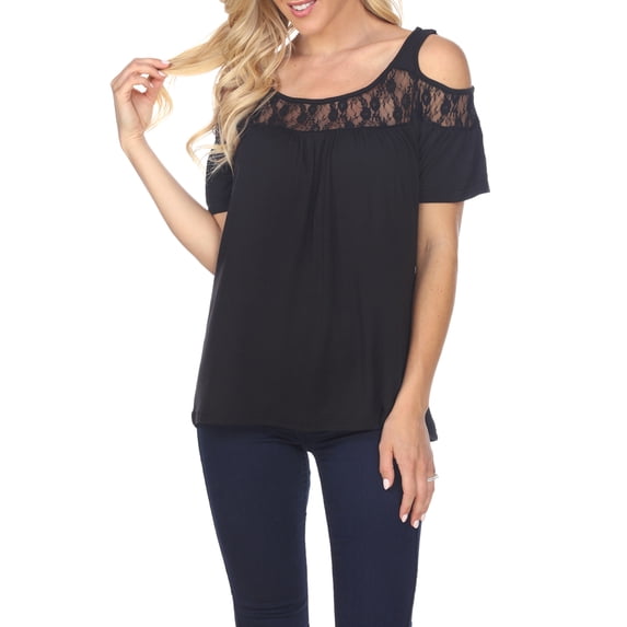 White Mark Women's Cold Shoulder Lace Neck Top