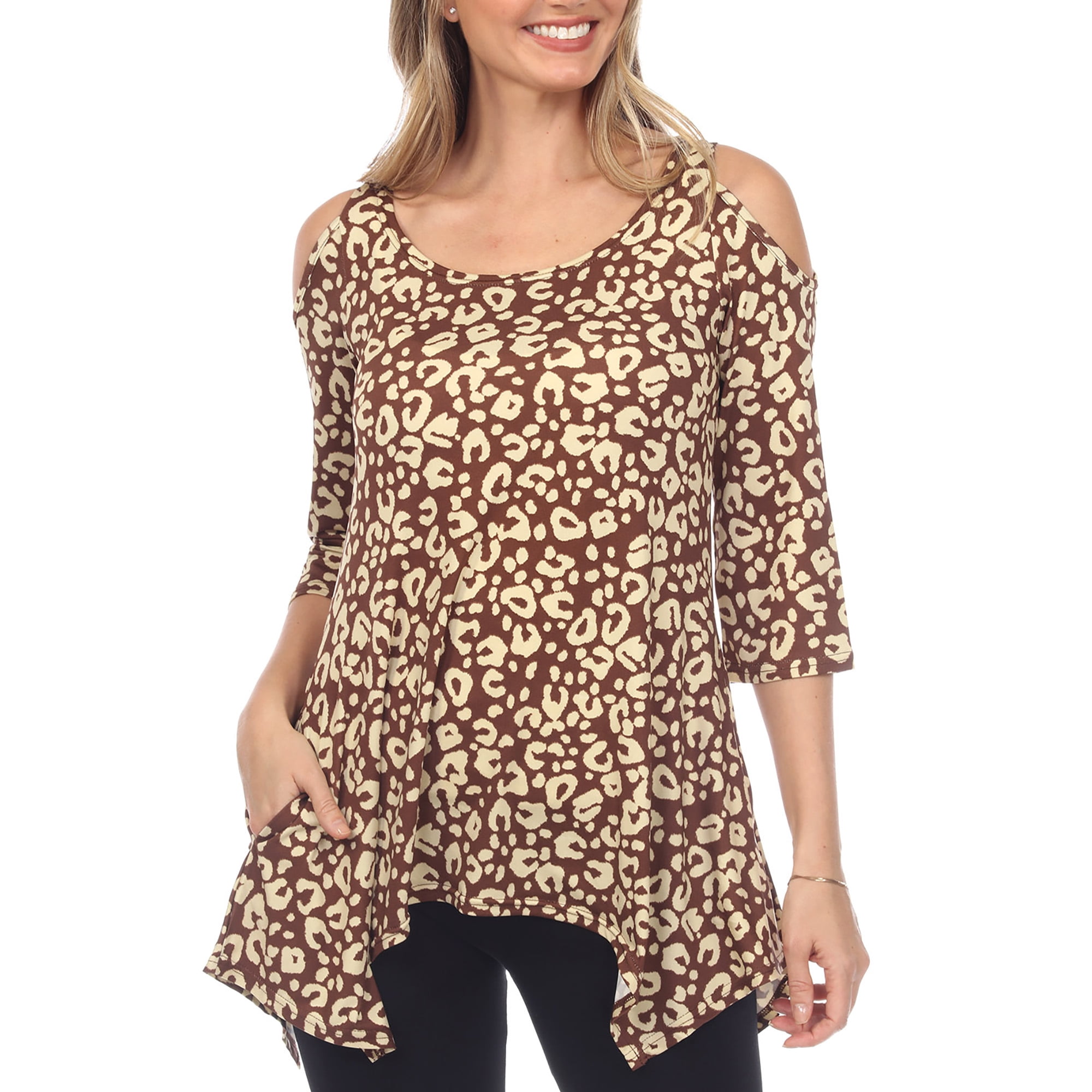 White Mark Fashion Casual Leopard Print Cold Shoulder Top, Women's