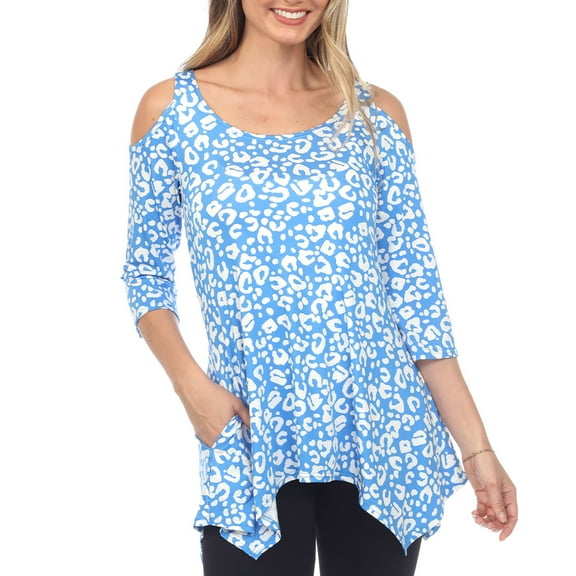 White Mark Fashion Casual Leopard Print Cold Shoulder Top, Women's