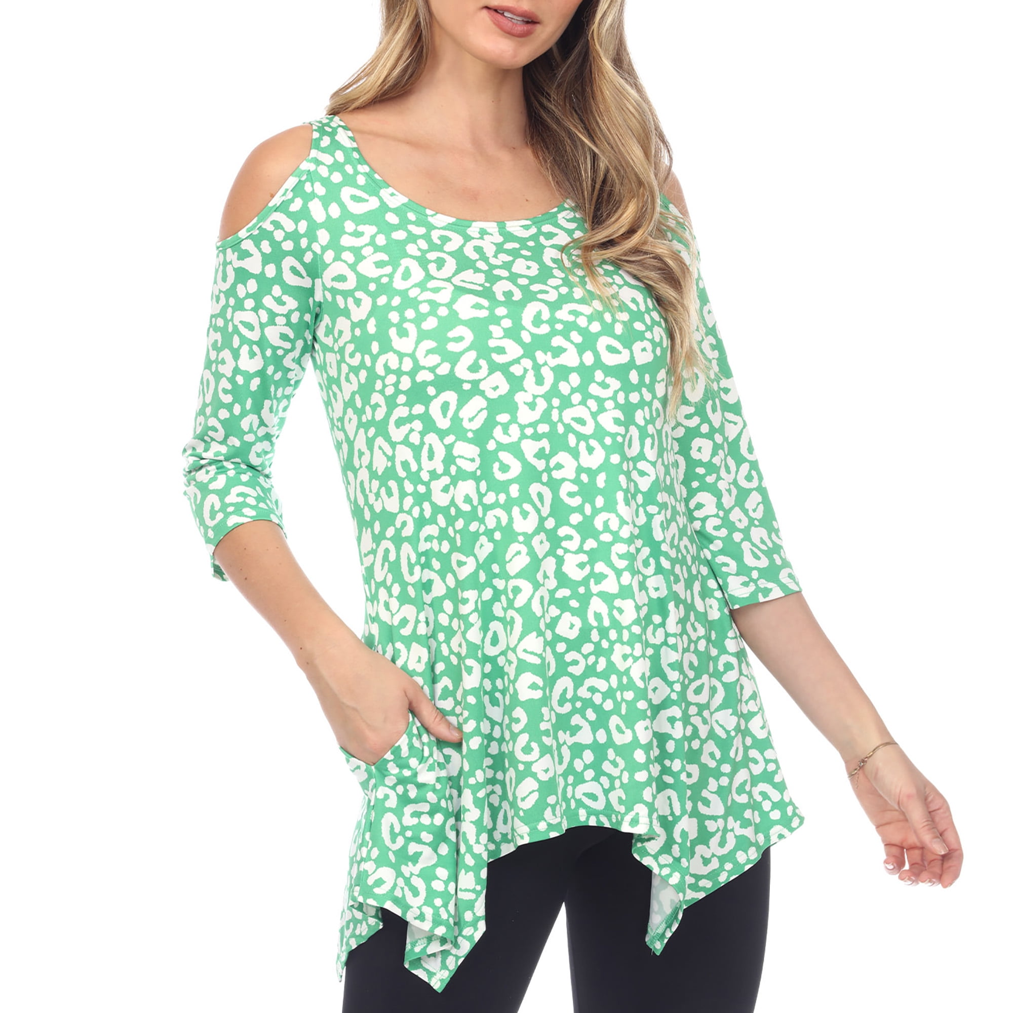 White Mark Fashion Casual Leopard Print Cold Shoulder Top, Women's