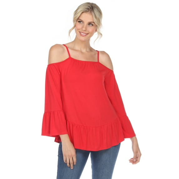White Mark Women's Cold Shoulder Ruffle Sleeve Top