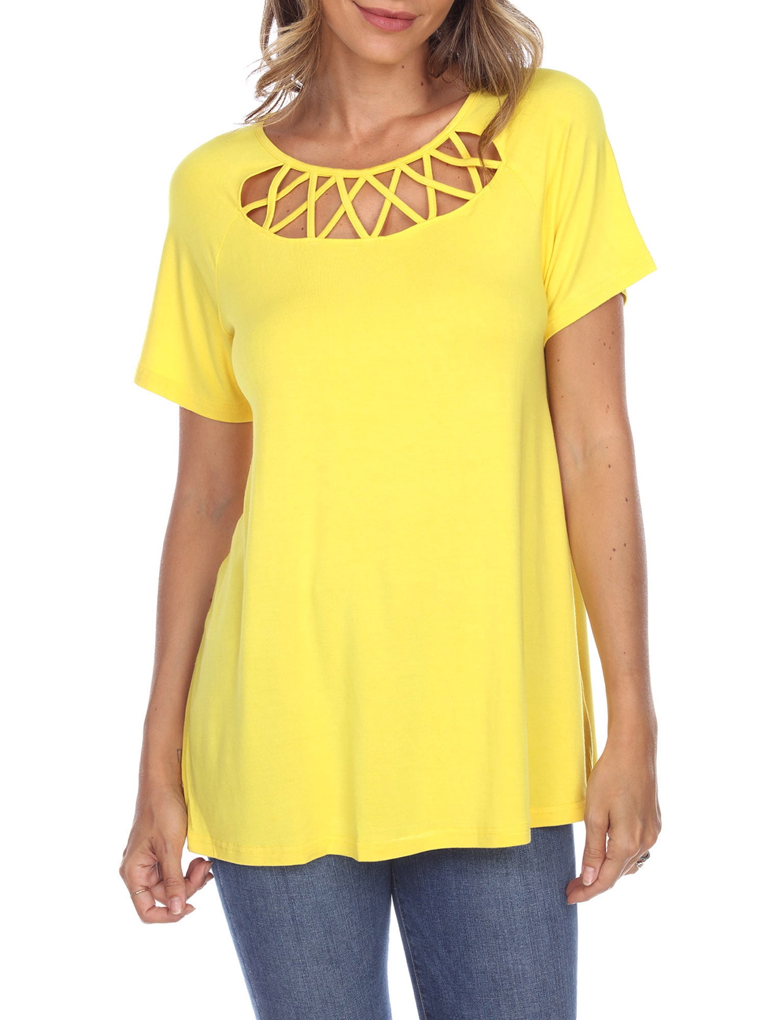 White Mark Women's Crisscross Neck Short Sleeve Top