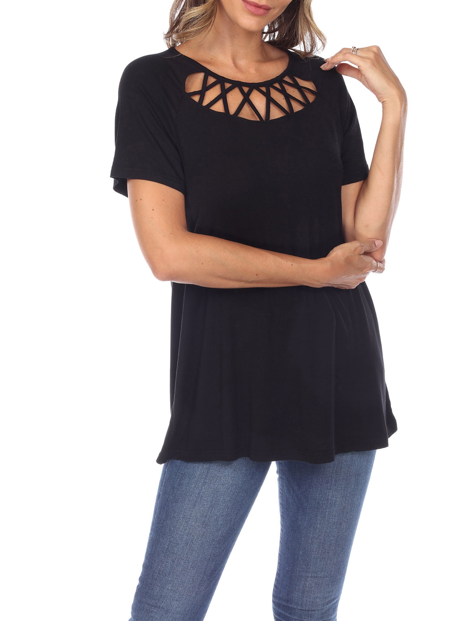 White Mark Women's Crisscross Neck Short Sleeve Top