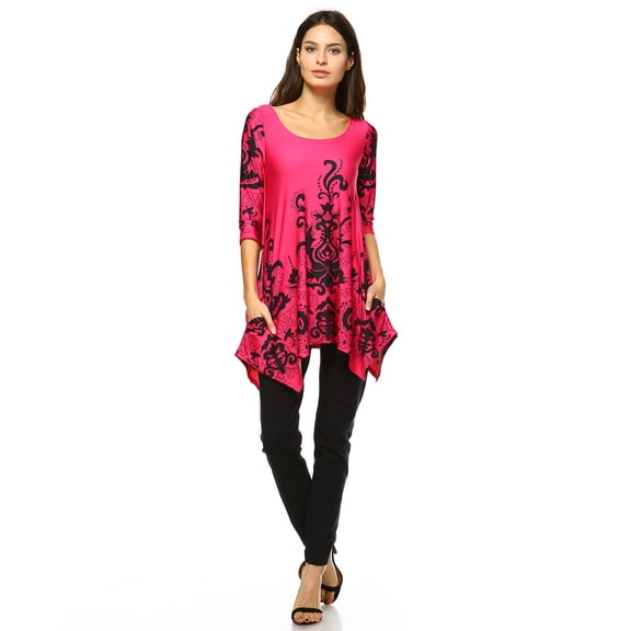 White Mark Women's Damask Print 3/4 Sleeve Tunic Top