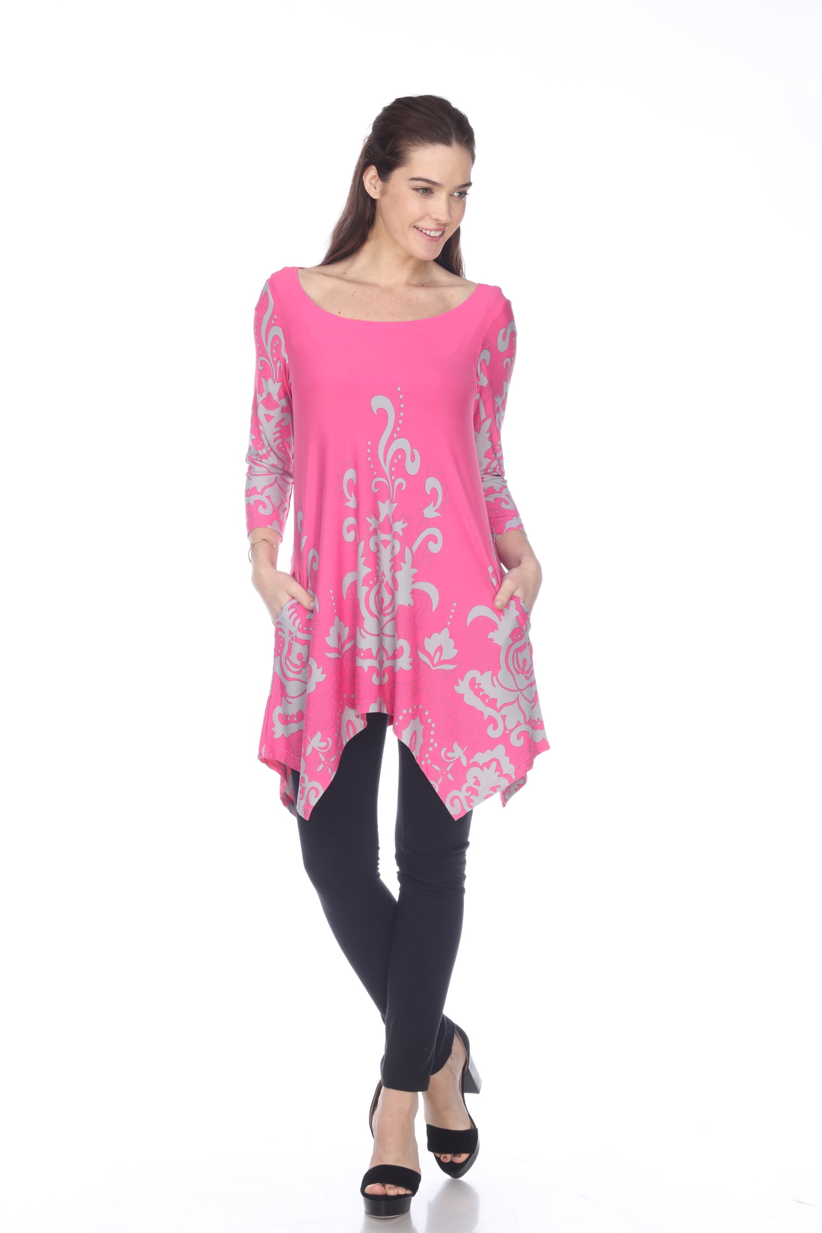 White Mark Women's Damask Print 3/4 Sleeve Tunic Top