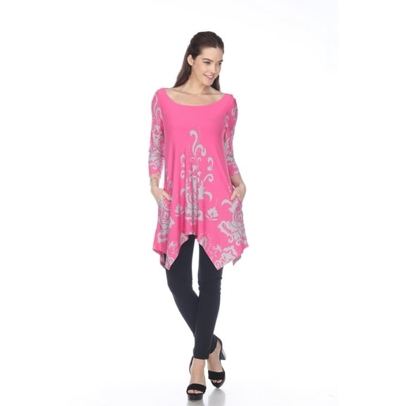 White Mark Women's Damask Print 3/4 Sleeve Tunic Top