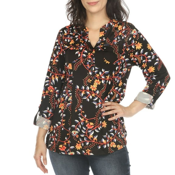 White Mark Women's Floral Button Front Tunic Top