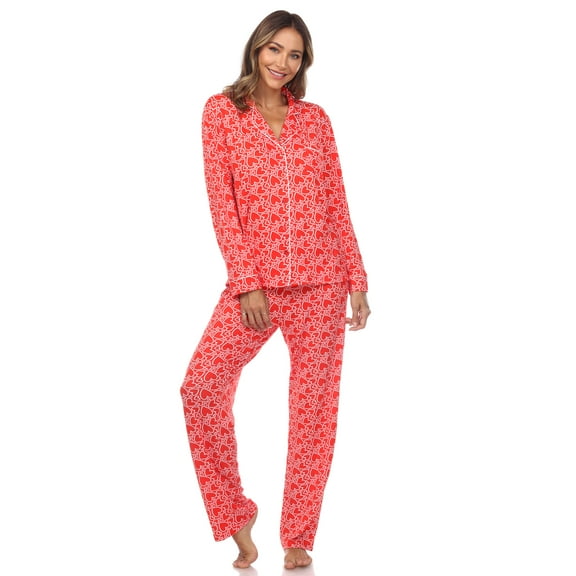 White Mark Women's Heart Print Long Sleeve Pajama Set