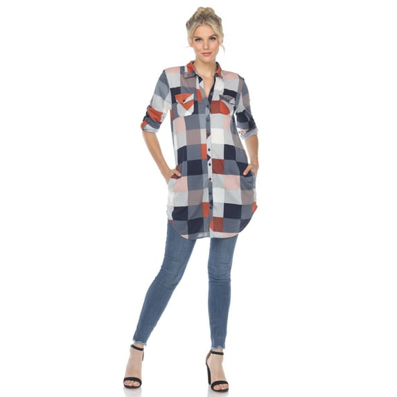 White Mark Women's Light Weight Plaid Print Tunic with Pockets