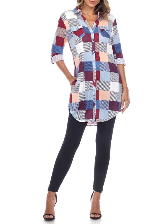 Women's Light Weight Plaid Print Tunic with Pockets