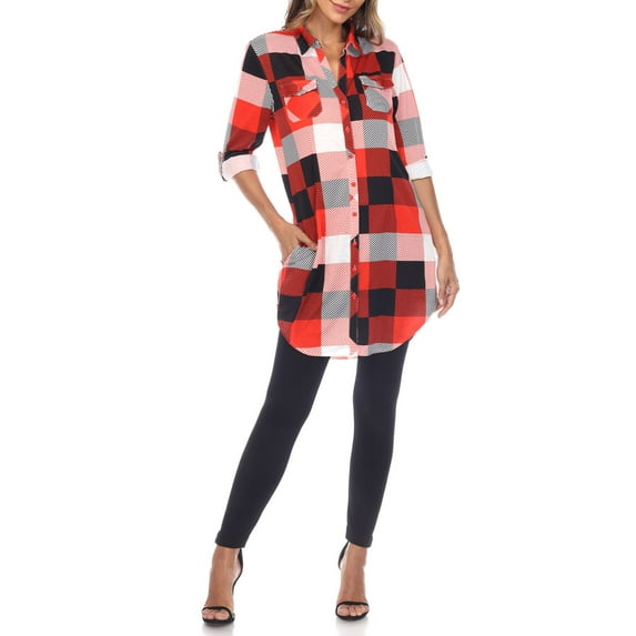 White Mark Women's Light Weight Plaid Print Tunic with Pockets