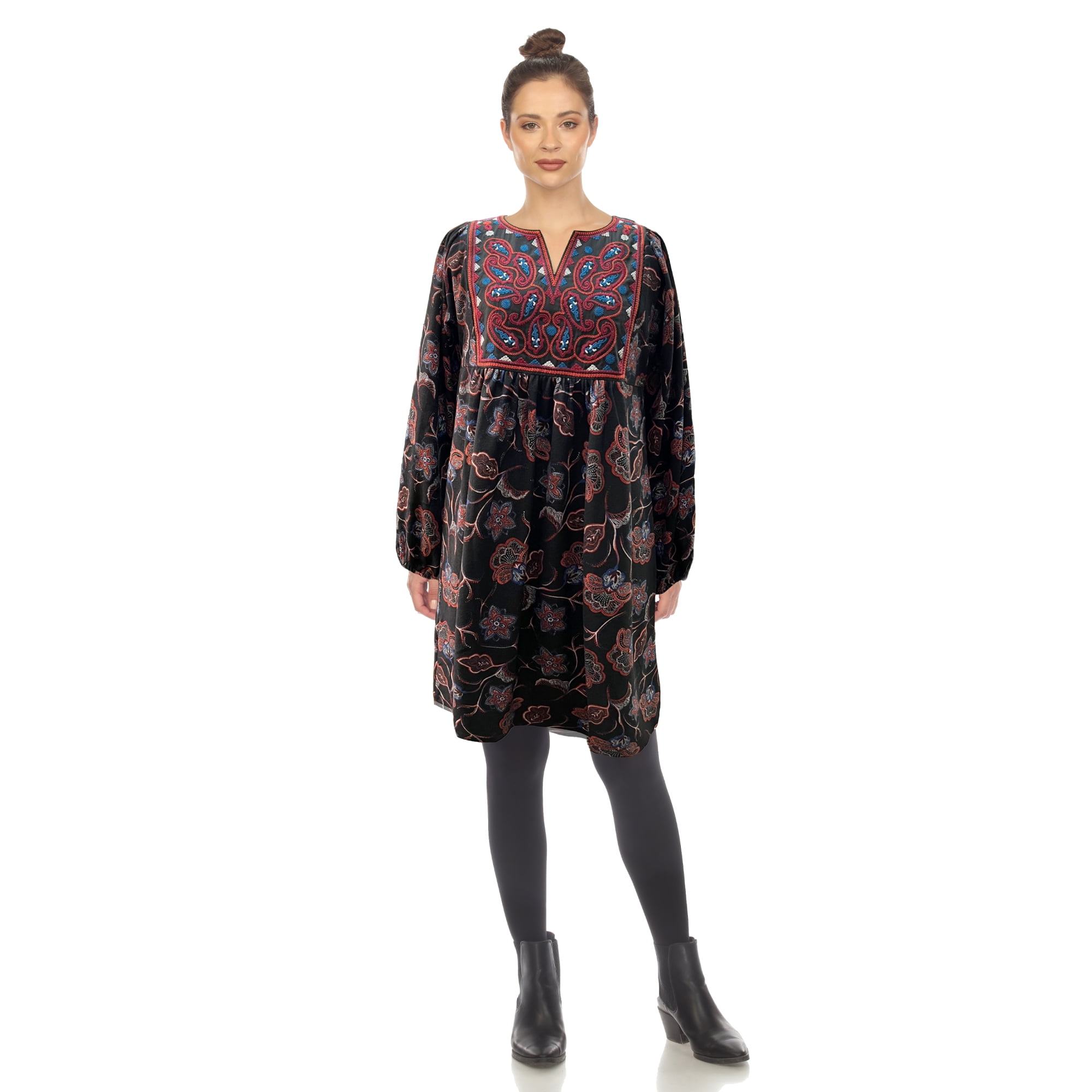 White Mark Women's Long Sleeve Floral Embroidered Sweater Dress