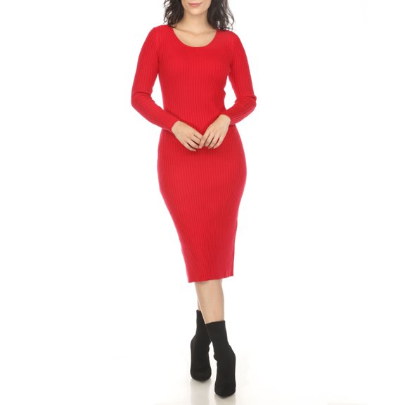 White Mark Women's Long Sleeve Rib Midi Sweater Dress