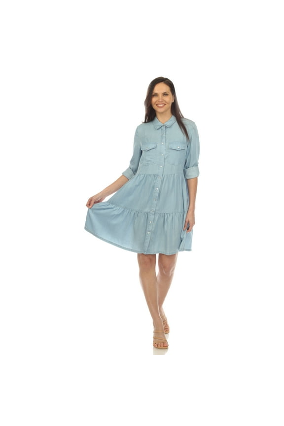 Women's Long Sleeve Tiered Midi Shirt Dress