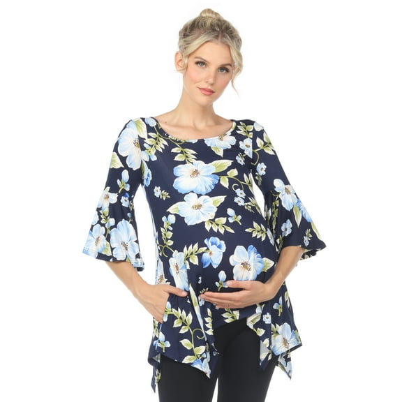 White Mark Women's Maternity Floral Bell Sleeve Tunic Top
