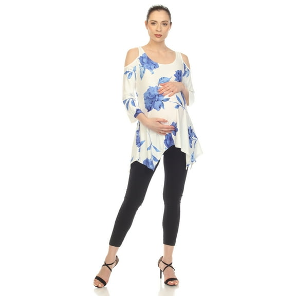 White Mark Women's Maternity Floral Cold Shoulder Tunic Top