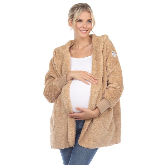 White Mark Women's Maternity Plush Hooded Cardigan with Pockets