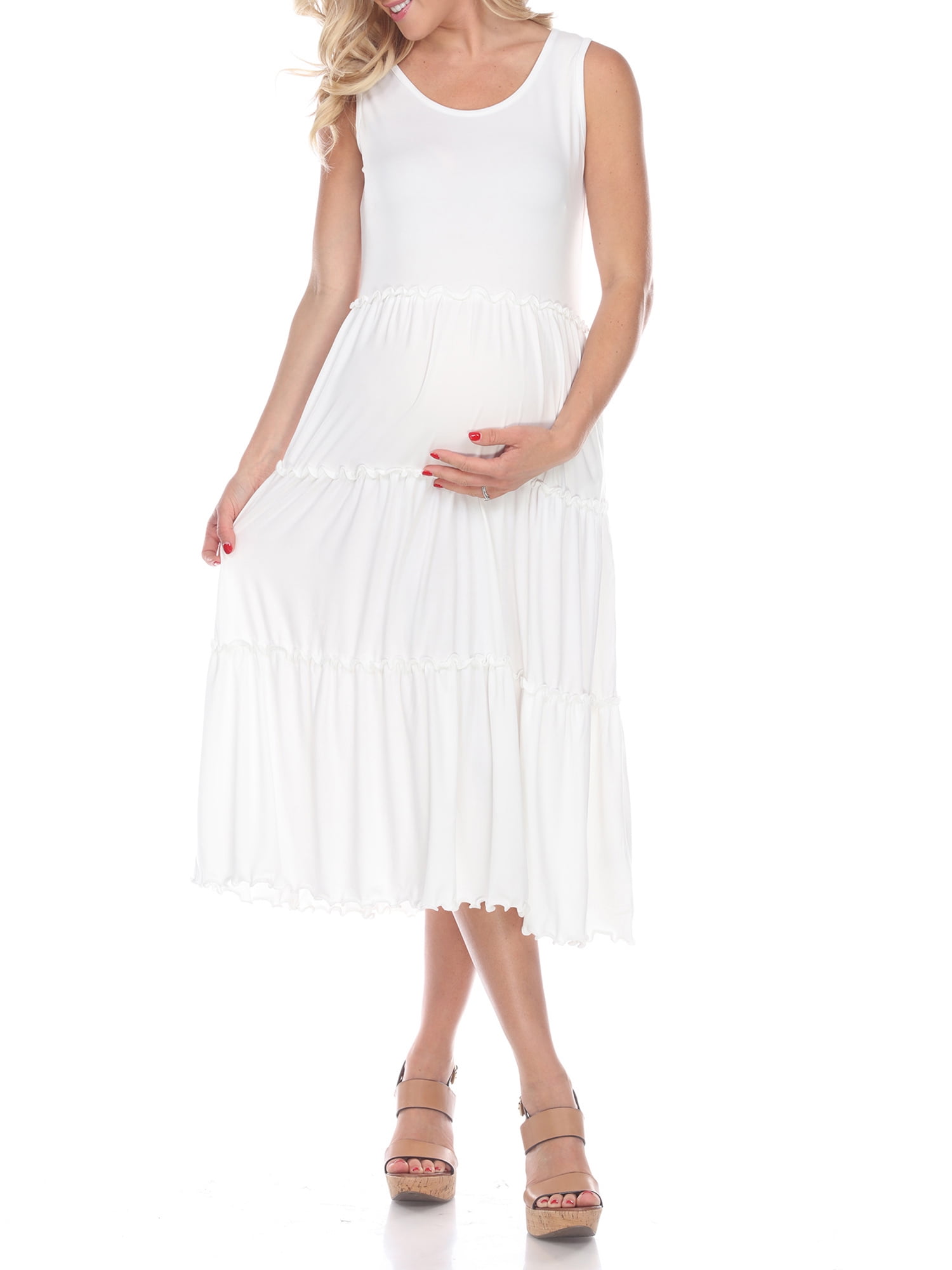 White Mark Women's Maternity Scoop Neck Teired Midi Dress