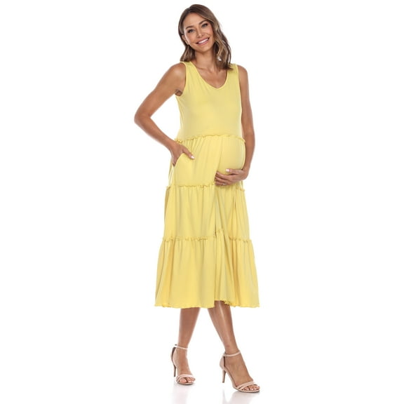 White Mark Women's Maternity Scoop Neck Tiered Midi Dress