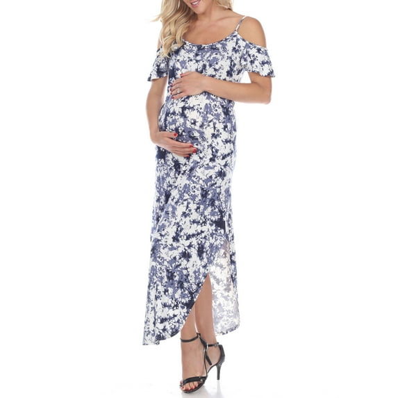 White Mark Women's Maternity Tie-Dye Cold Shoulder Maxi Dress