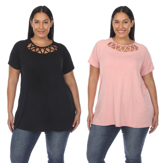 White Mark Women's Plus Size 2 Pack Black Crisscross Short Sleeve Top