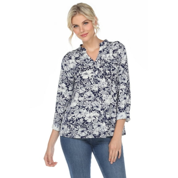 White Mark Women's Pleated 3/4 Sleeve Floral Print Blouse