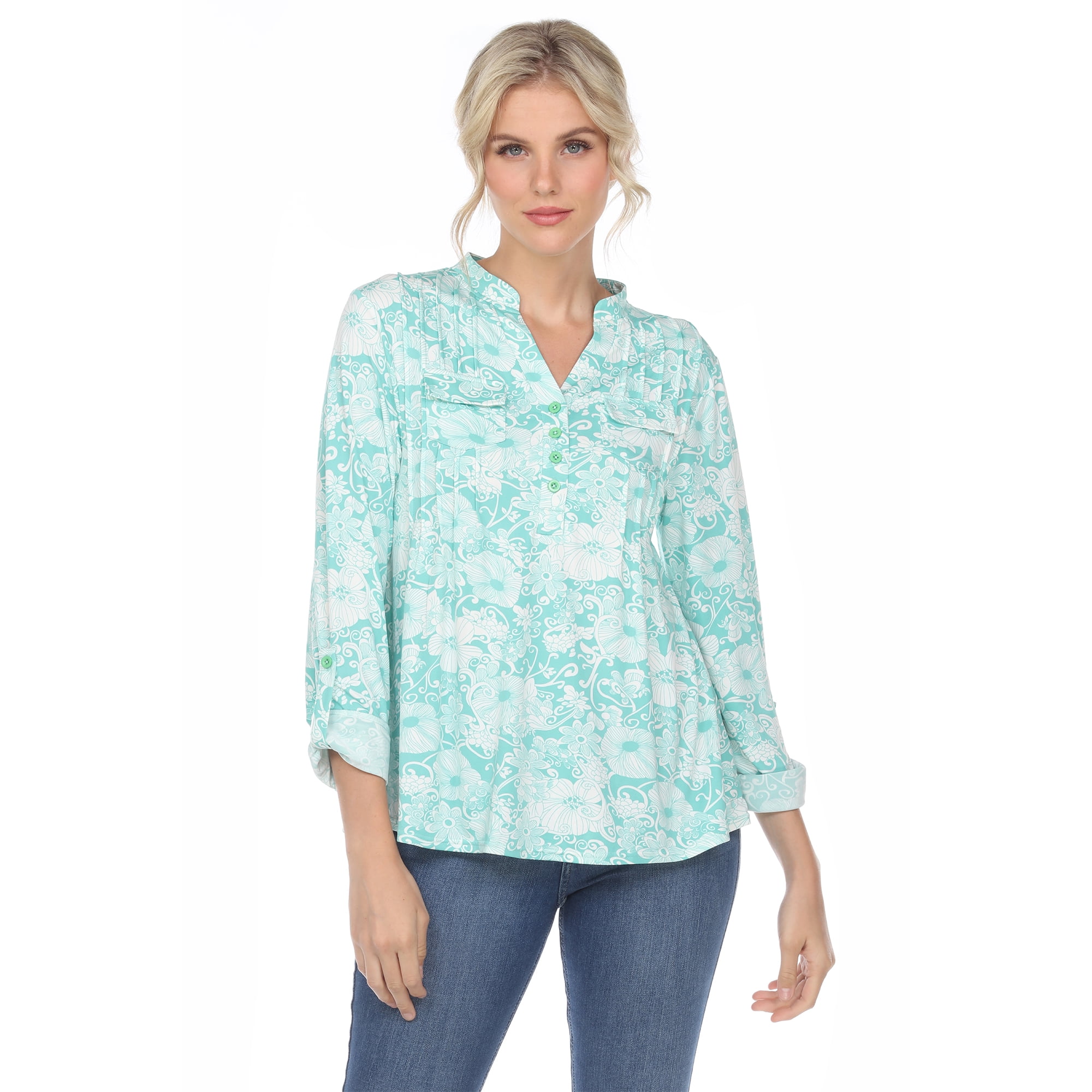 White Mark Women's Pleated 3/4 Sleeve Floral Print Blouse