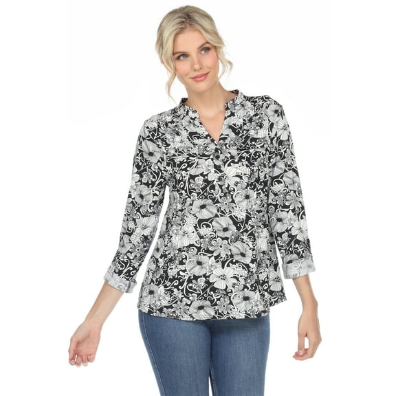 White Mark Women's Pleated 3/4 Sleeve Floral Print Blouse