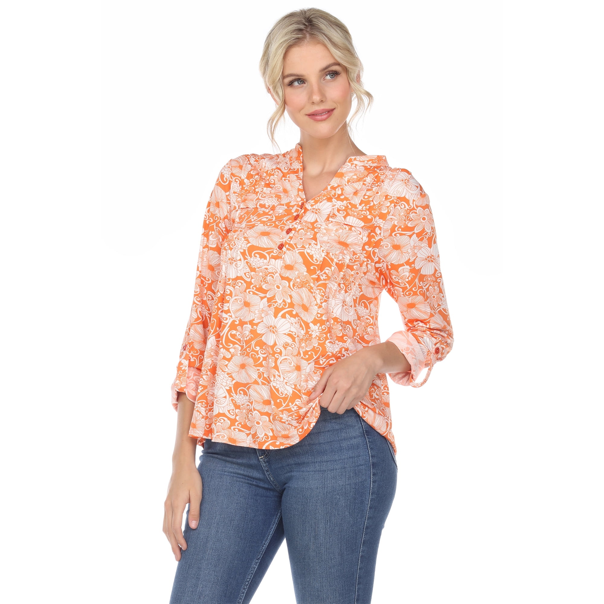 White Mark Women's Pleated 3/4 Sleeve Floral Print Blouse