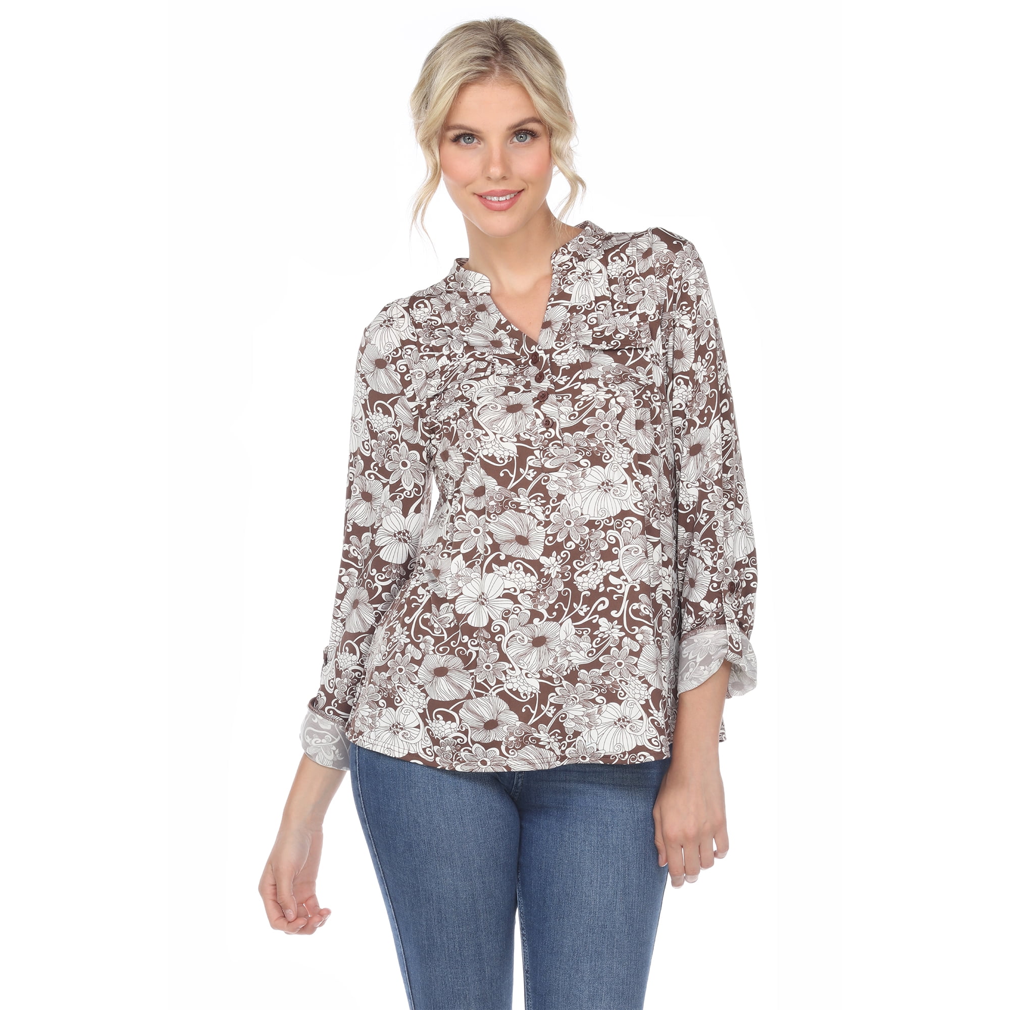 White Mark Women's Pleated 3/4 Sleeve Floral Print Blouse