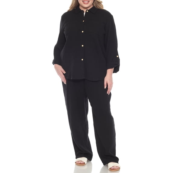 White Mark Women's Plus Size 2-Piece Oversize Long Sleeve Button Down Cotton Linen Gauze Lounge Beach Set