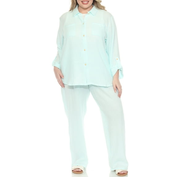 White Mark Women's Plus Size 2-Piece Oversize Long Sleeve Button Down Cotton Linen Gauze Lounge Beach Set