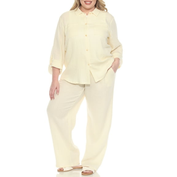 White Mark Women's Plus Size 2-Piece Oversize Long Sleeve Button Down Cotton Linen Gauze Lounge Beach Set
