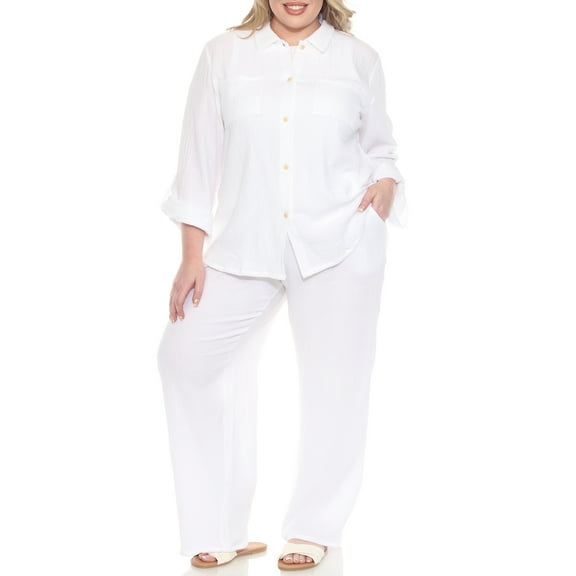 White Mark Women's Plus Size 2-Piece Oversize Long Sleeve Button Down Cotton Linen Gauze Lounge Beach Set