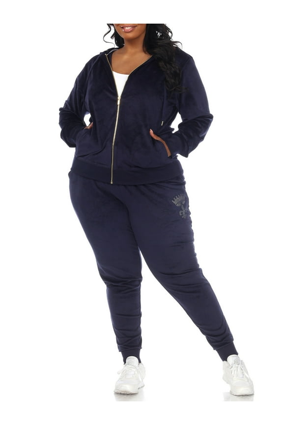Women's Plus Size 2 Piece Rhinestone Velour Tracksuit Set