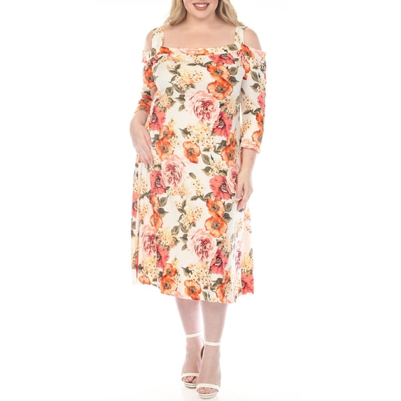 White Mark Women's Plus Size Cold Shoulder 3/4 Sleeve Dress