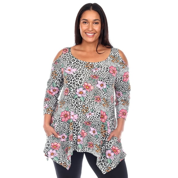 White Mark Women's Plus Size Cold Shoulder Animal Print Tunic Top