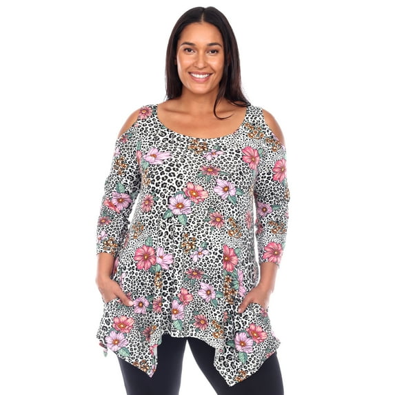 White Mark Women's Plus Size Cold Shoulder Animal Print Tunic Top