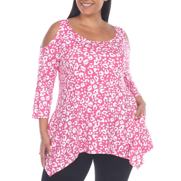 White Mark Fashion Casual Leopard Print Cold Shoulder Top, Women's Plus