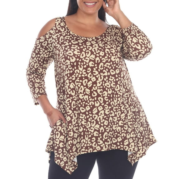 White Mark Fashion Casual Leopard Print Cold Shoulder Top, Women's Plus
