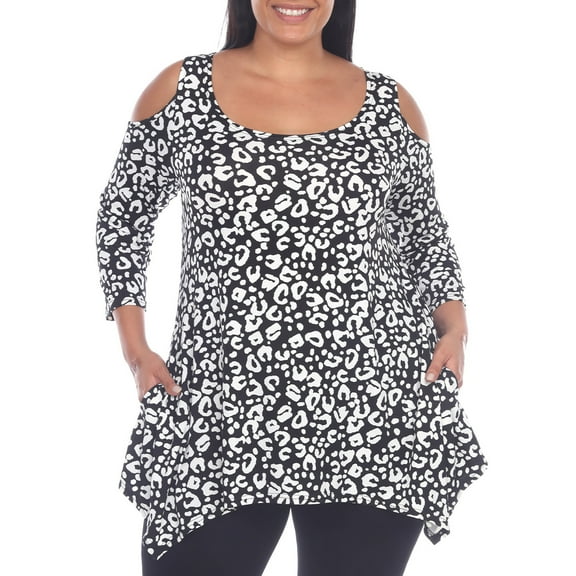 White Mark Fashion Casual Leopard Print Cold Shoulder Top, Women's Plus
