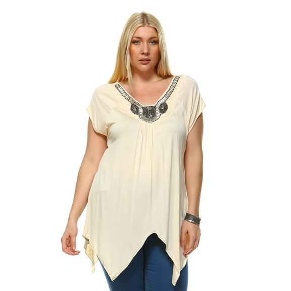 White Mark Women's Plus Size Embellished Short Sleeve Tunic Top
