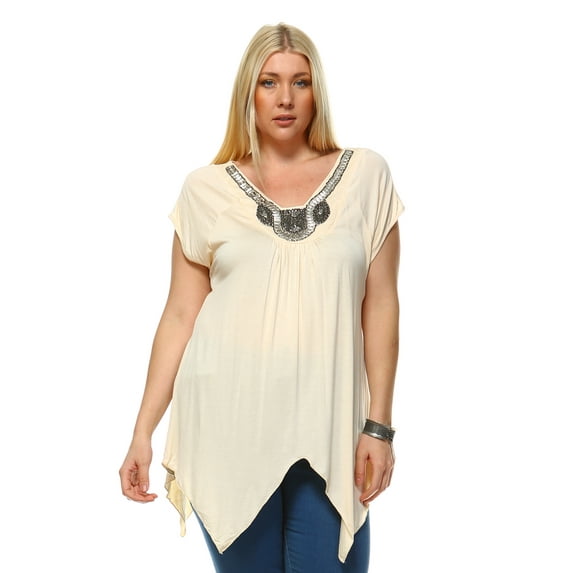 White Mark Women's Plus Size Embellished Short Sleeve Tunic Top